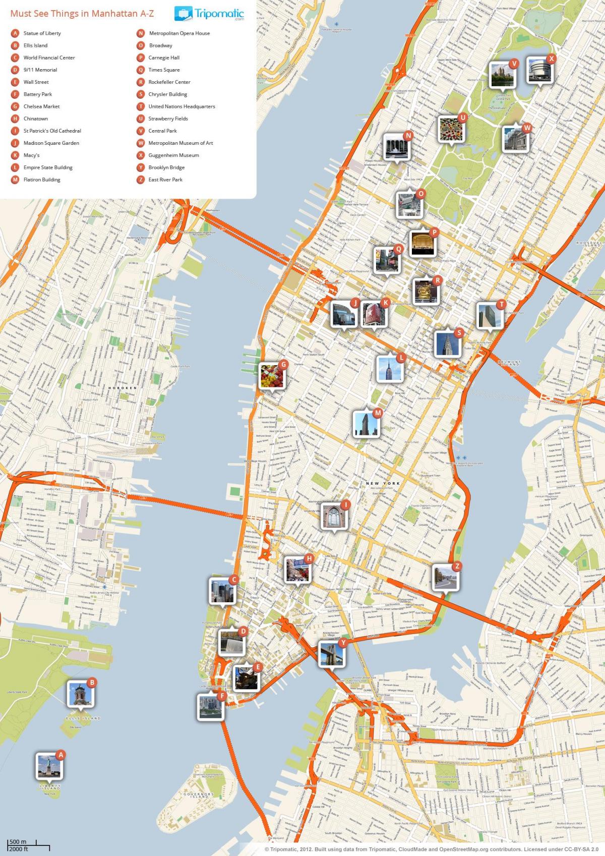 מפה של מנהטן מציג אטרקציות תיירותיות